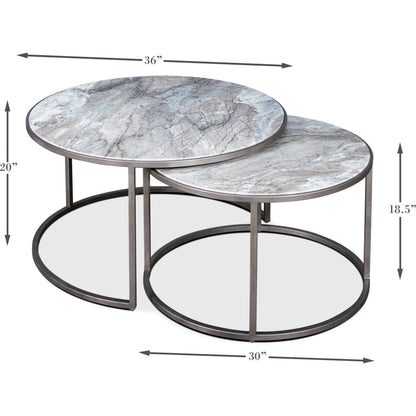 Set Of 2 Round Marble Top Nesting Tables by Sarreid Ltd. in silver and silver antique finish. Made from marble, iron in a modern style.