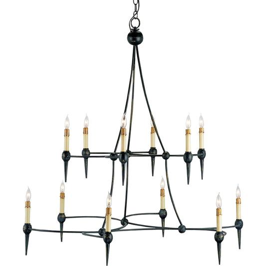 Danielli Chandelier by Currey and Company in french black. Made from wrought iron in a rustic style.