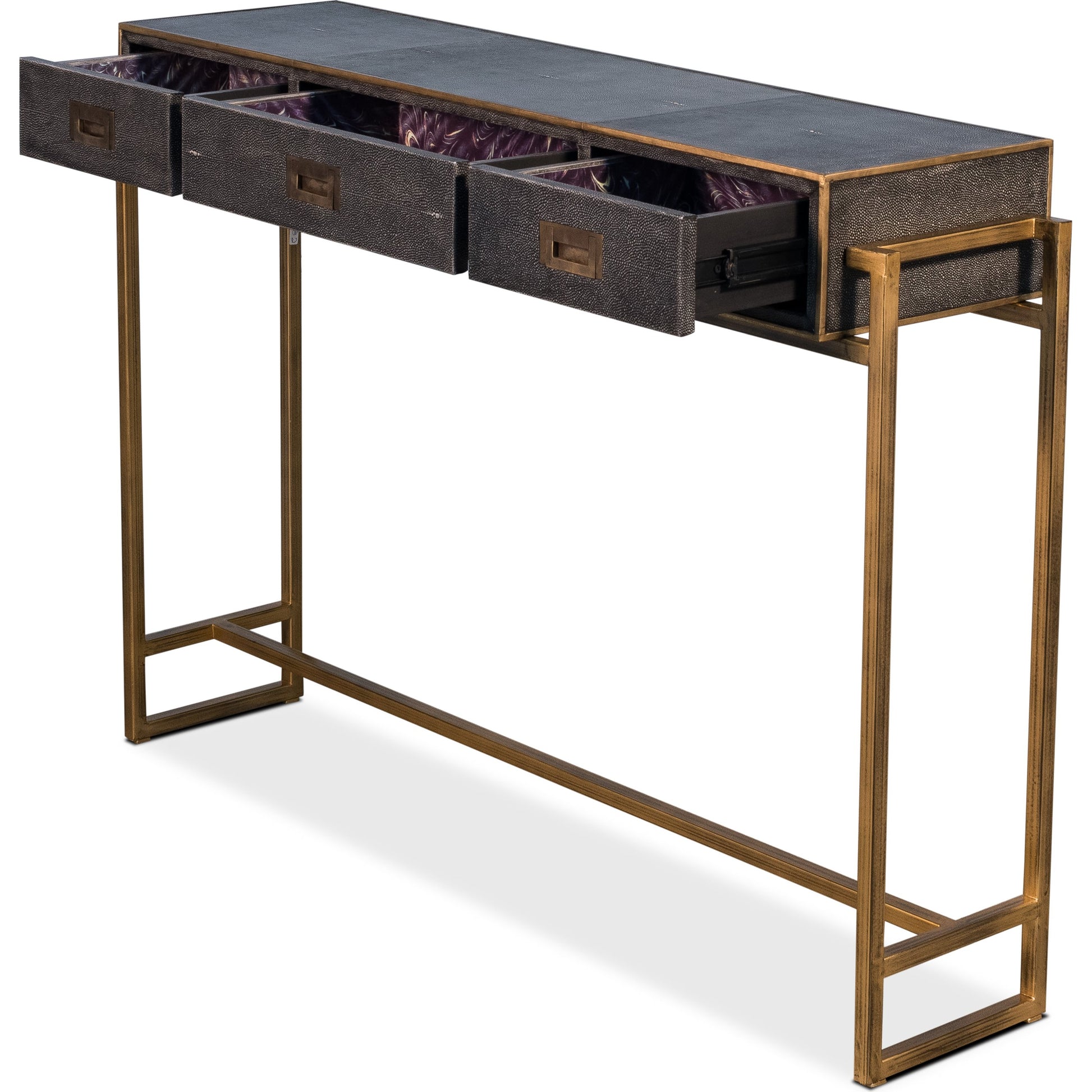 Shagreen Gold & Gray Console by Sarreid Ltd. in natural and 3 drawers. Made from leather, iron in a transitional style.