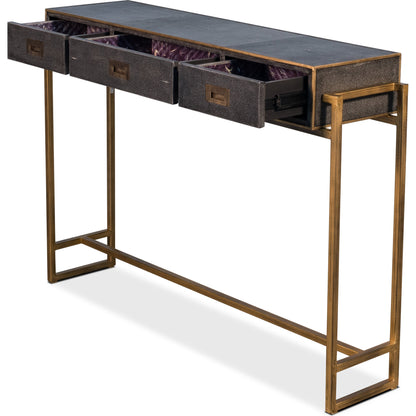 Shagreen Gold & Gray Console by Sarreid Ltd. in natural and 3 drawers. Made from leather, iron in a transitional style.