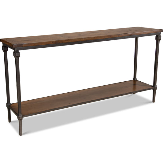 Hunter Parquet Double Console by Sarreid Ltd. in brown and fruitwood/ gunmetal finish. Made from acacia wood, iron in a modern style.