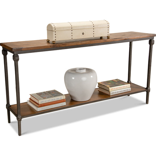 Hunter Parquet Double Console by Sarreid Ltd. in brown and fruitwood/ gunmetal finish. Made from acacia wood, iron in a modern style.