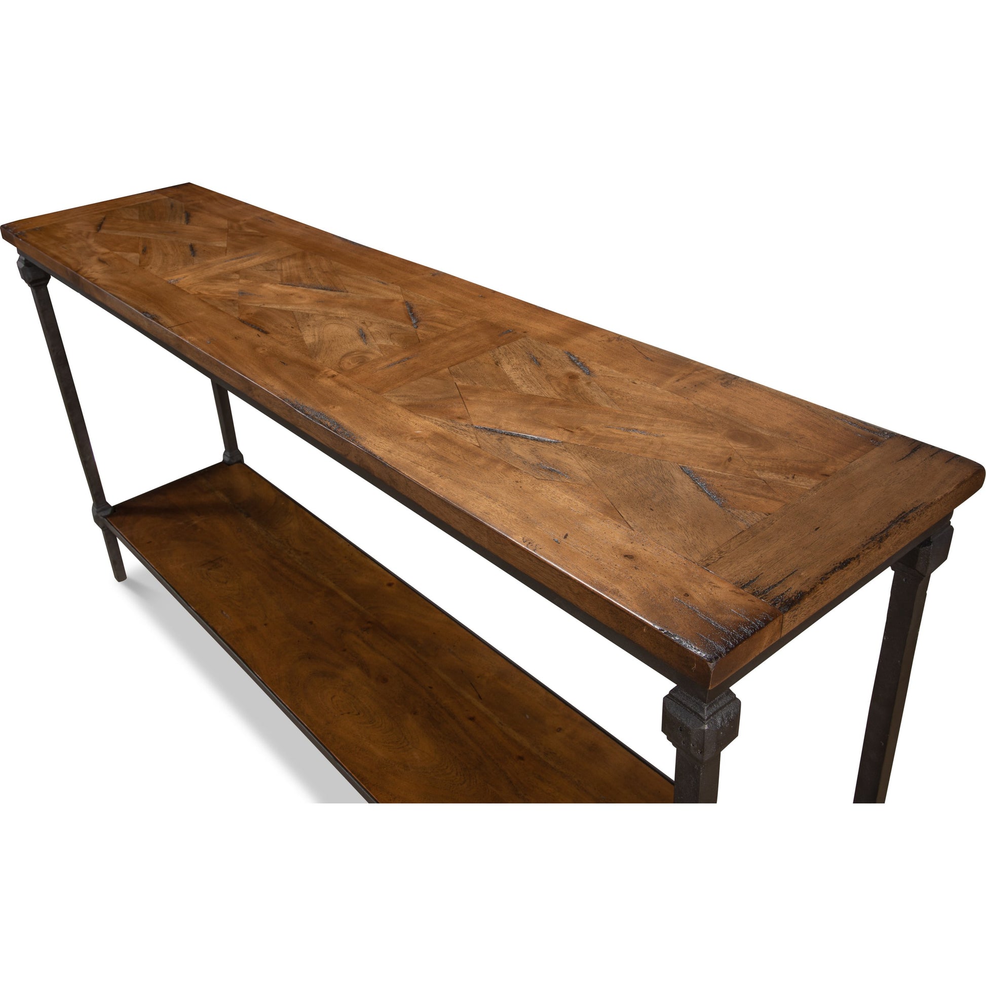 Hunter Parquet Double Console by Sarreid Ltd. in brown and fruitwood/ gunmetal finish. Made from acacia wood, iron in a modern style.