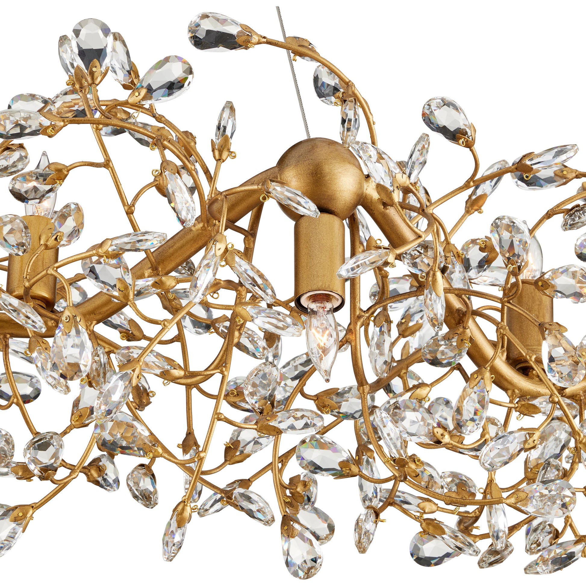 Crystal Bud Ring Chandelier by Currey and Company in clear, brass. Made from crystal, wrought iron in a modern style.