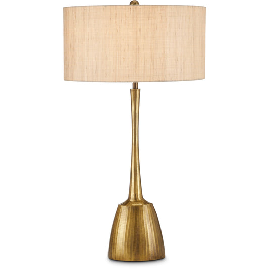 Cheenee Table Lamp by Currey and Company in antique brass. Made from cast aluminum in a modern style.