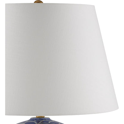 Nami Table Lamp by Currey and Company in blue, white, gold leaf. Made from porcelain, metal in a coastal style.
