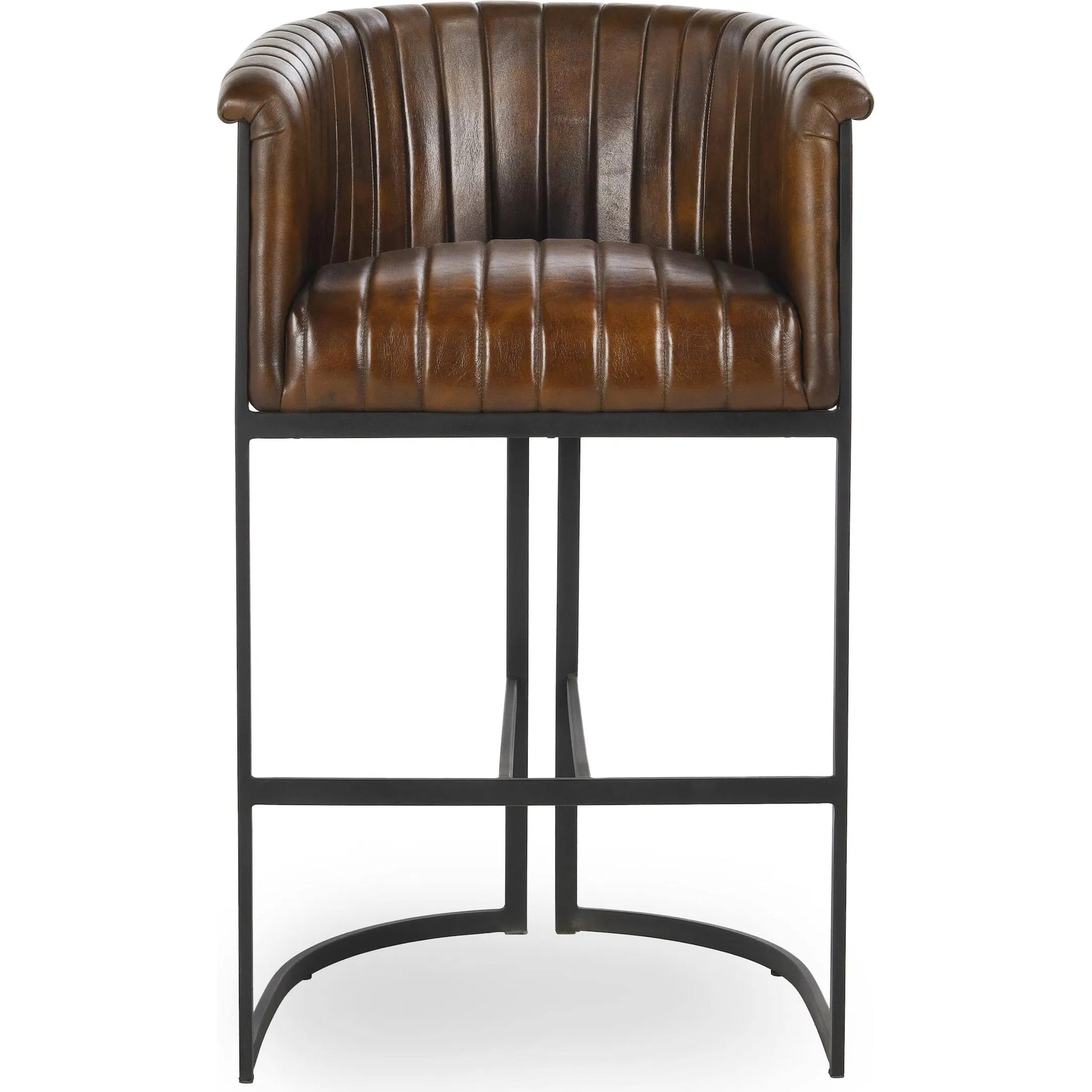Seville Barrel Bar Stool by Classic Home in brown. Made from top grain leather, iron in a traditional style.