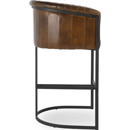 Seville Barrel Bar Stool by Classic Home in brown. Made from top grain leather, iron in a traditional style.