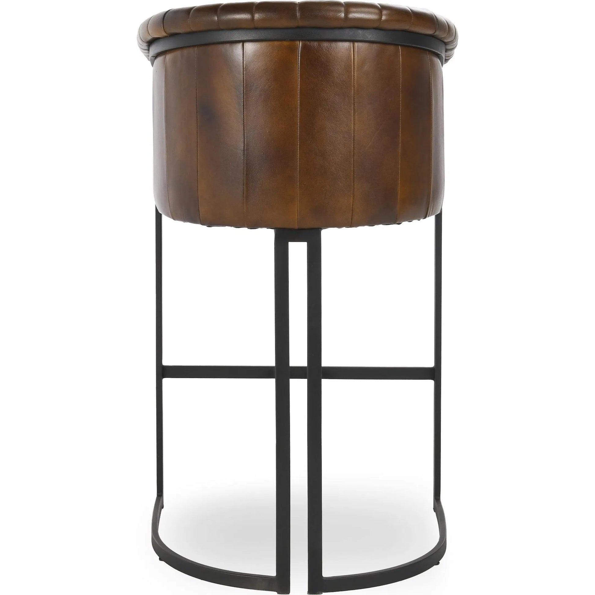 Seville Barrel Bar Stool by Classic Home in brown. Made from top grain leather, iron in a traditional style.
