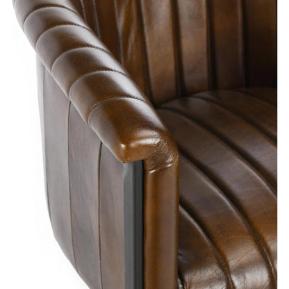 Seville Barrel Bar Stool by Classic Home in brown. Made from top grain leather, iron in a traditional style.