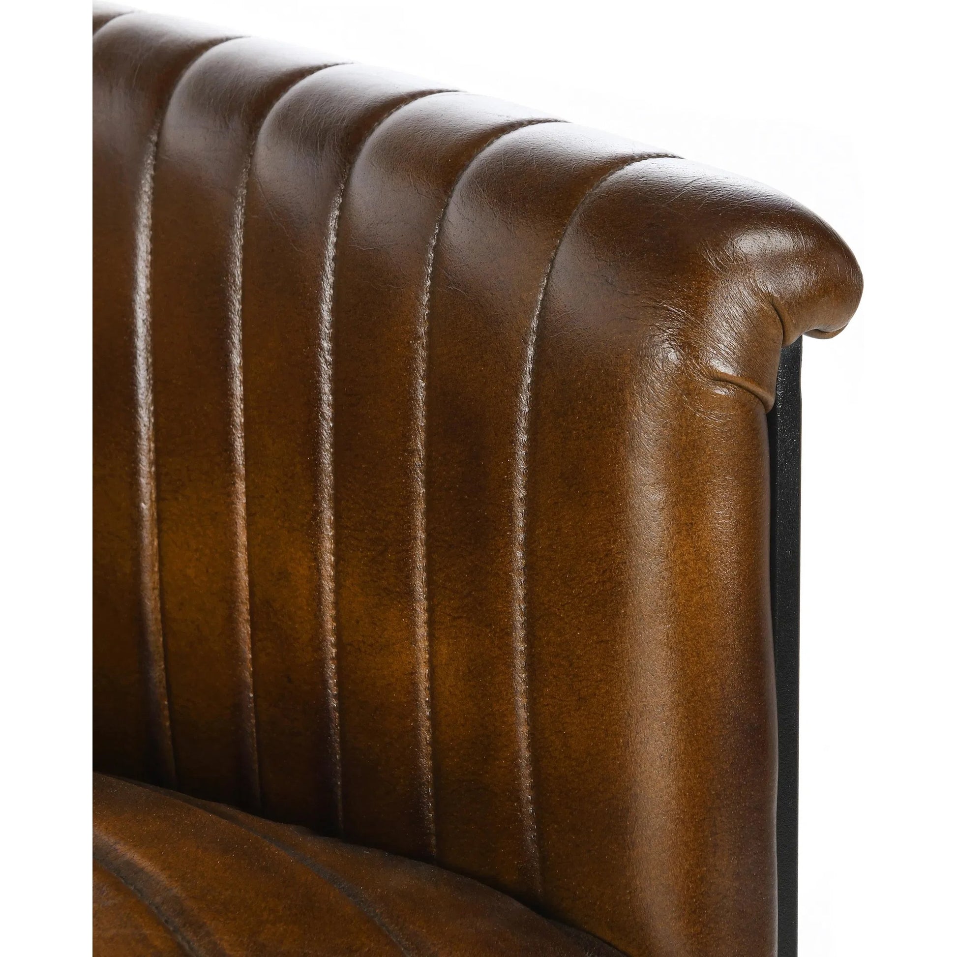 Seville Barrel Bar Stool by Classic Home in brown. Made from top grain leather, iron in a traditional style.