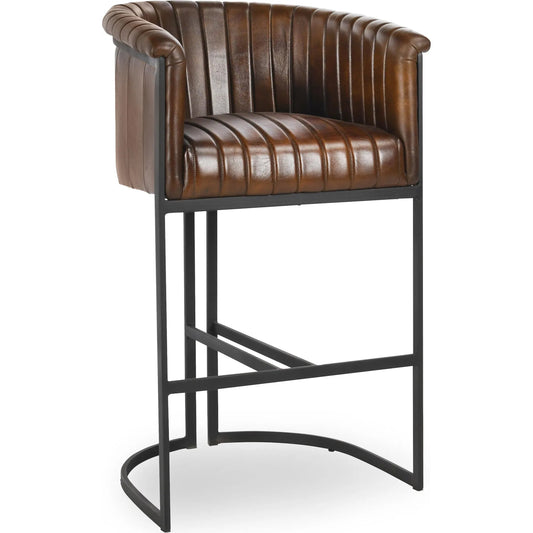 Seville Barrel Bar Stool by Classic Home in brown. Made from top grain leather, iron in a unique style.