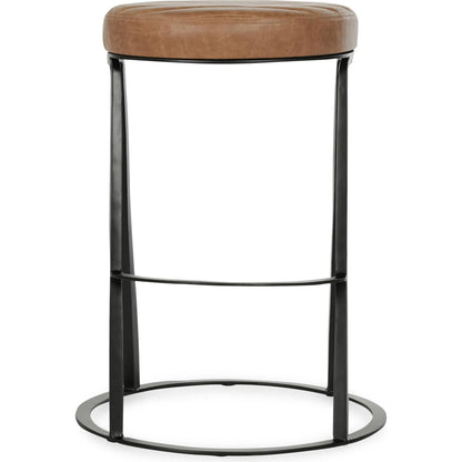 Sawyer Round 26" Top Grain Leather Counter Stool by Classic Home in chestnut brown. Made from top grain leather, iron in a traditional style.