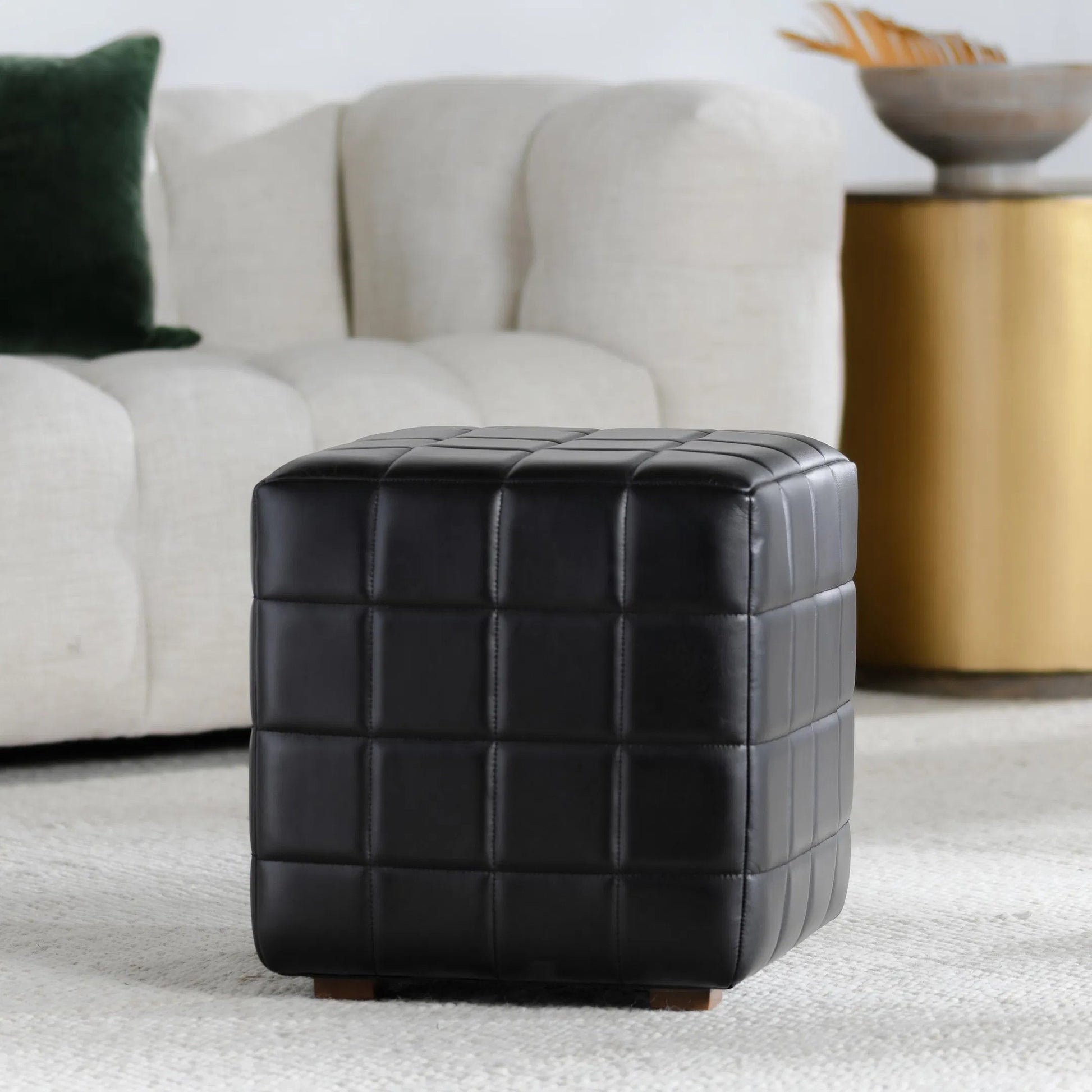 Briar 18" Square Tufted Leather Ottoman by Classic Home in black. Made from top grain leather, mango wood in a modern style.