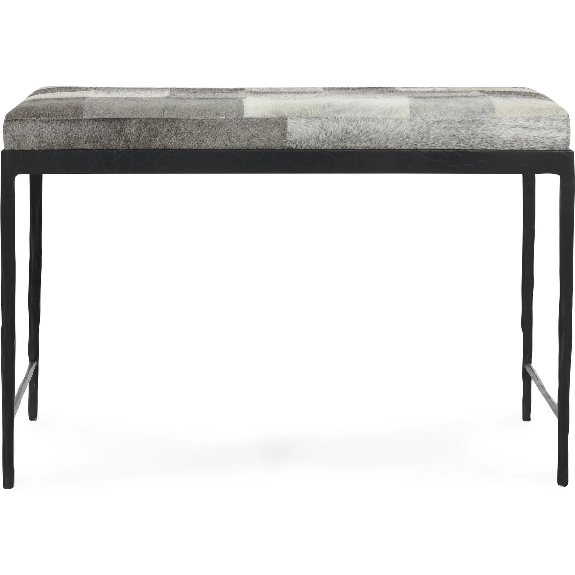 Achen Leather Hide Ottoman Bench by Classic Home. Made from hair on hide, iron in a transitional style.