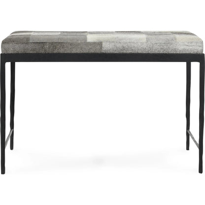 Achen Leather Hide Ottoman Bench by Classic Home. Made from hair on hide, iron in a transitional style.