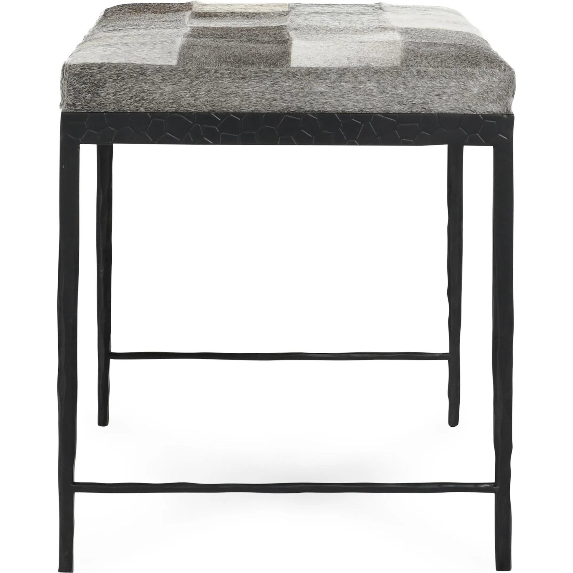 Achen Leather Hide Ottoman Bench by Classic Home. Made from hair on hide, iron in a transitional style.