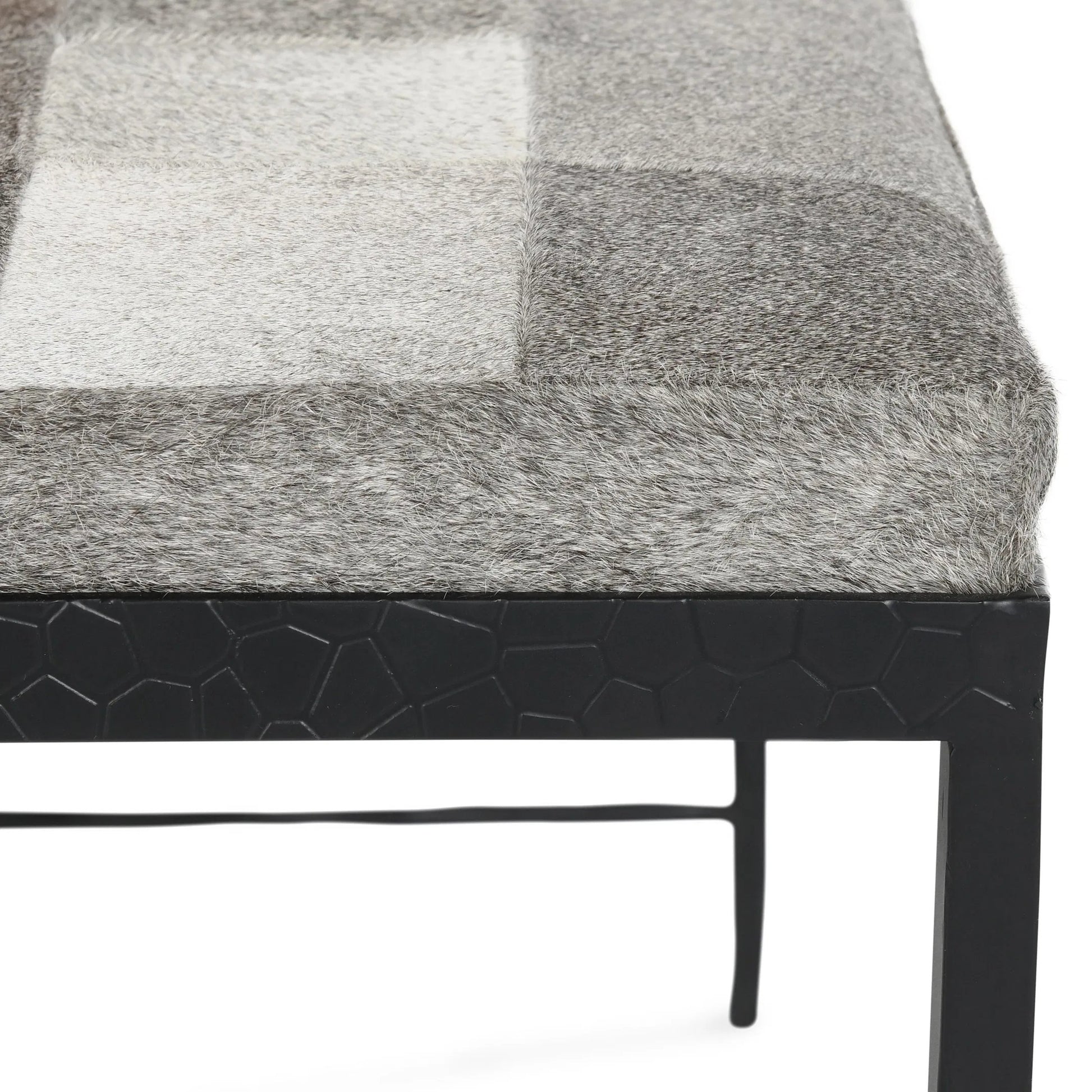 Achen Leather Hide Ottoman Bench by Classic Home. Made from hair on hide, iron in a transitional style.