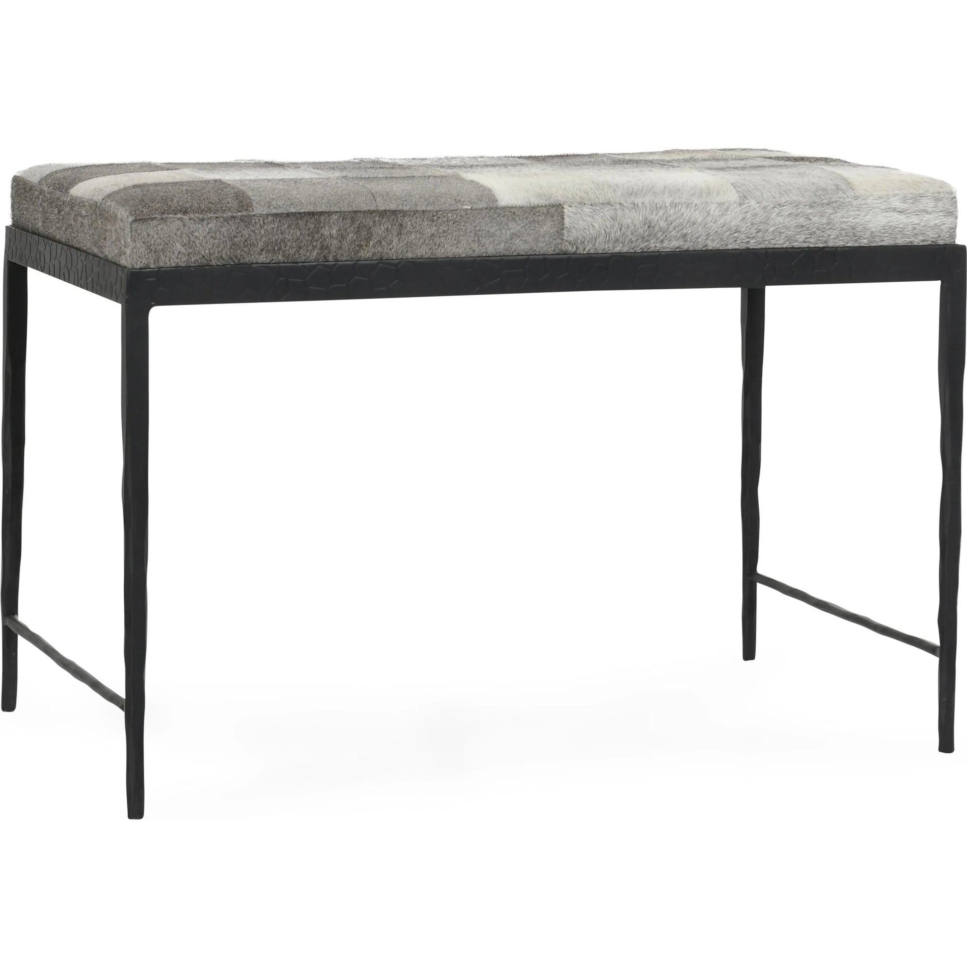 Achen Leather Hide Ottoman Bench by Classic Home. Made from hair on hide, iron in a transitional style.