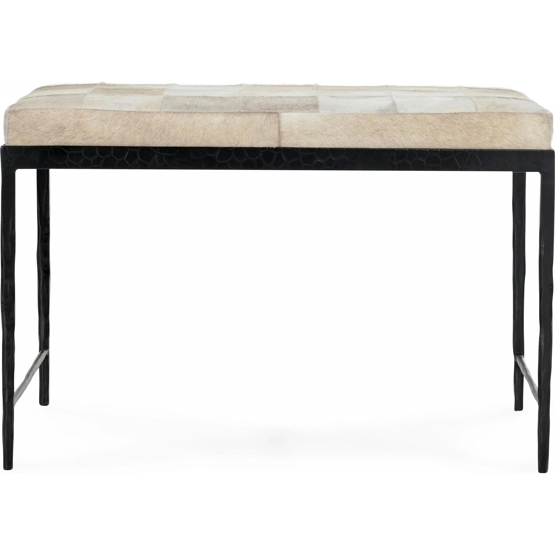 Achen Leather Hide Ottoman Bench by Classic Home. Made from hair on hide, iron in a transitional style.