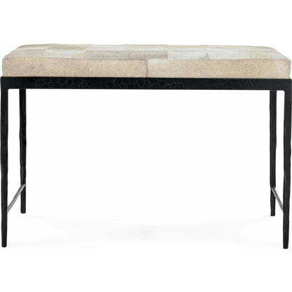 Achen Leather Hide Ottoman Bench by Classic Home. Made from hair on hide, iron in a transitional style.