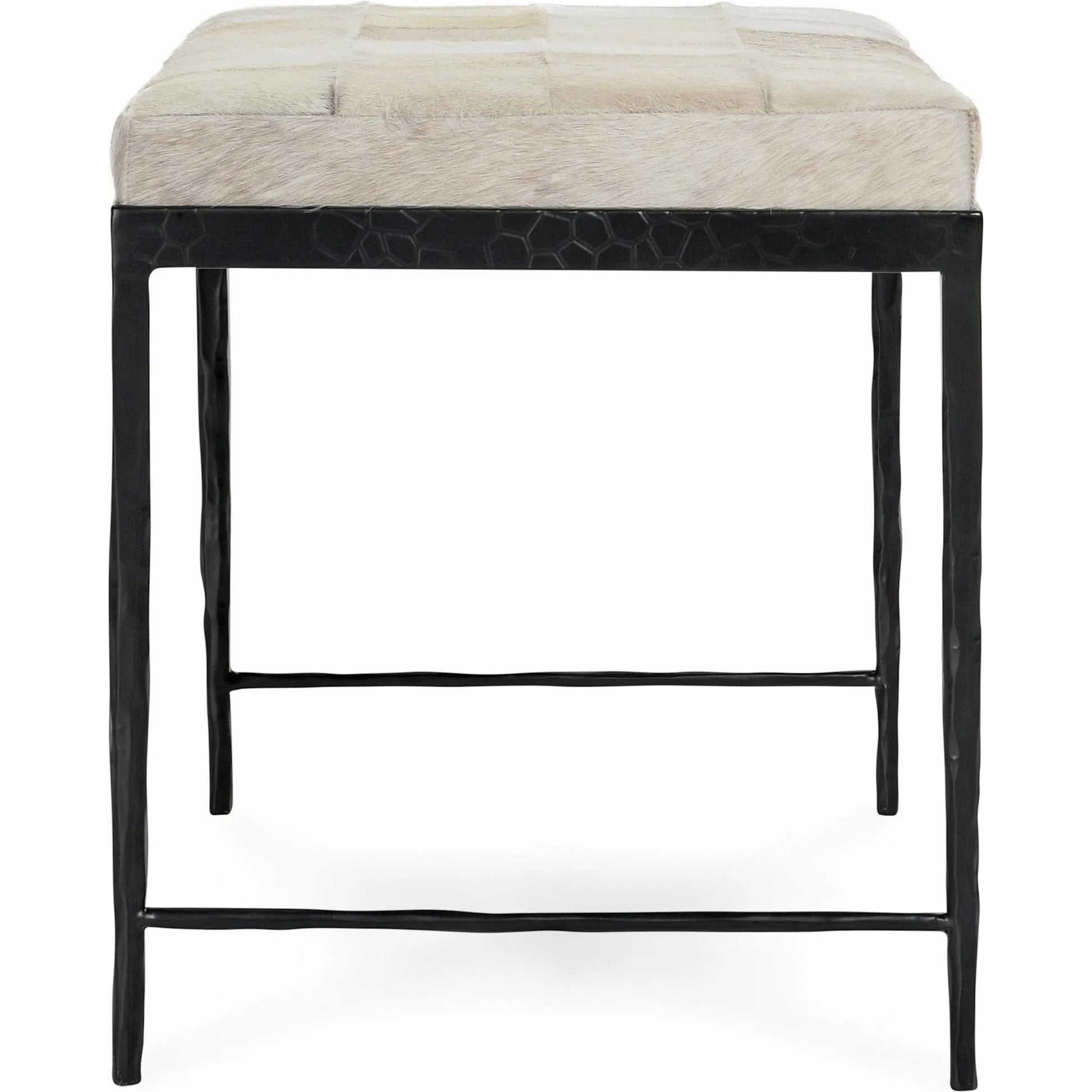 Achen Leather Hide Ottoman Bench by Classic Home. Made from hair on hide, iron in a transitional style.