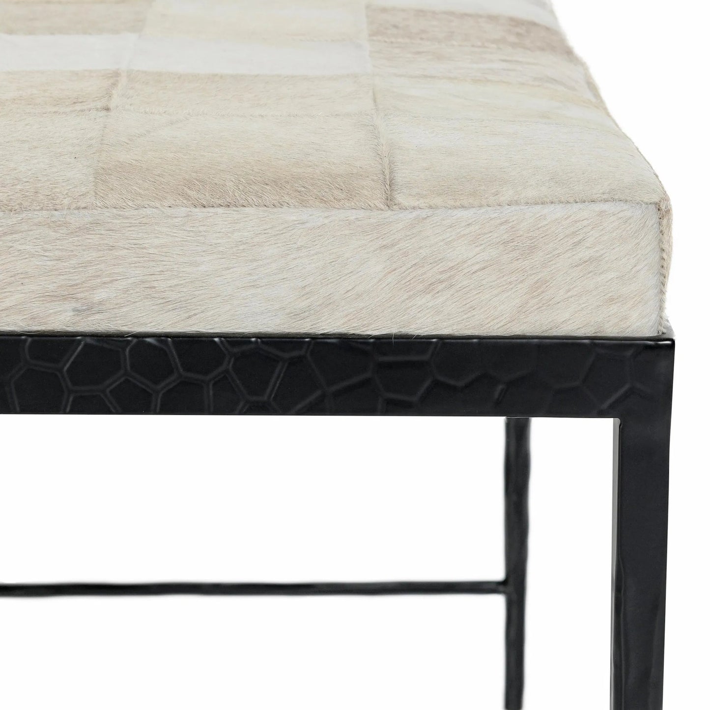 013 SI-2238885 | Closeup | Achen Leather Hide Ottoman Bench by Classic Home. Made from hair on hide, iron in a transitional style.