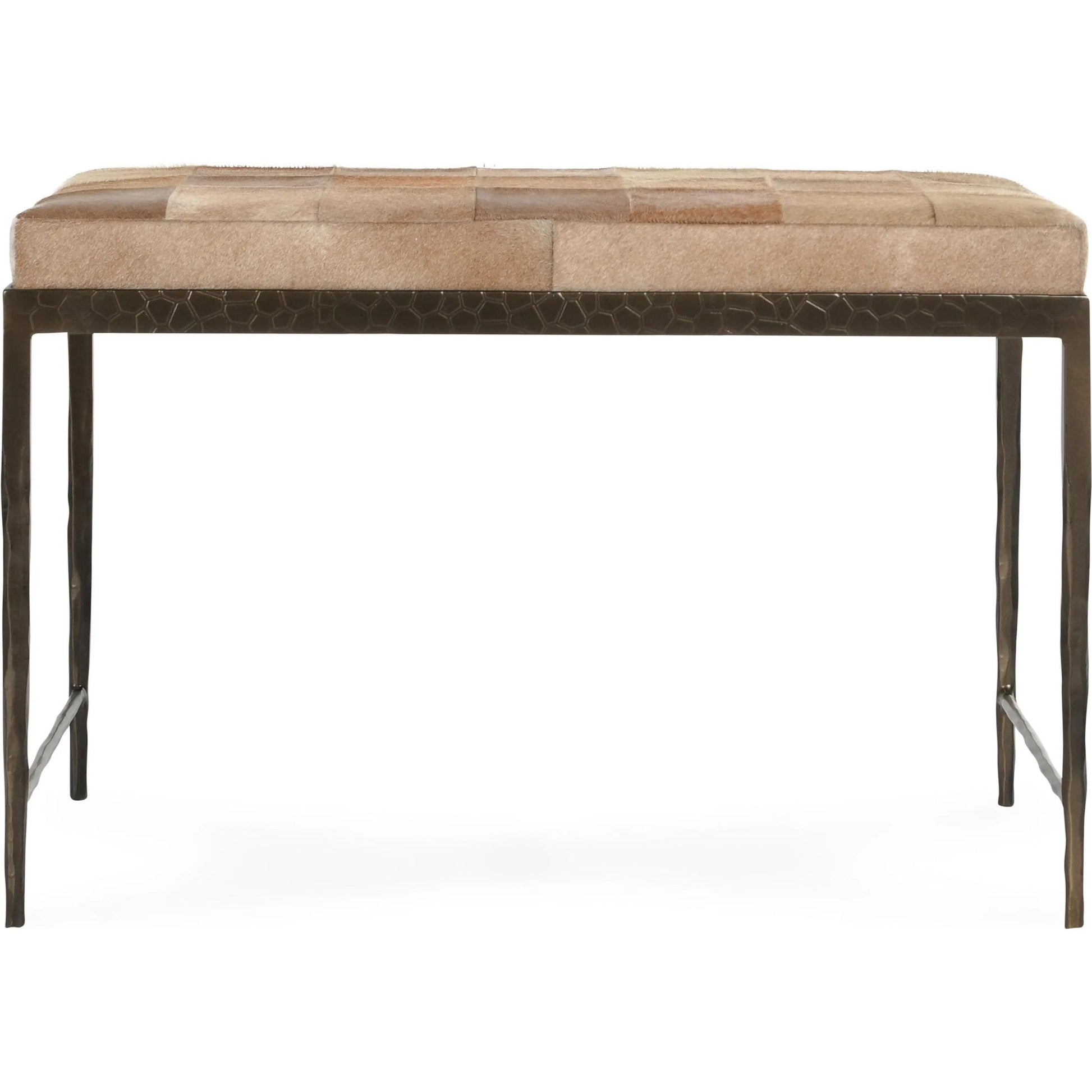 Achen Leather Hide Ottoman Bench by Classic Home. Made from hair on hide, iron in a transitional style.