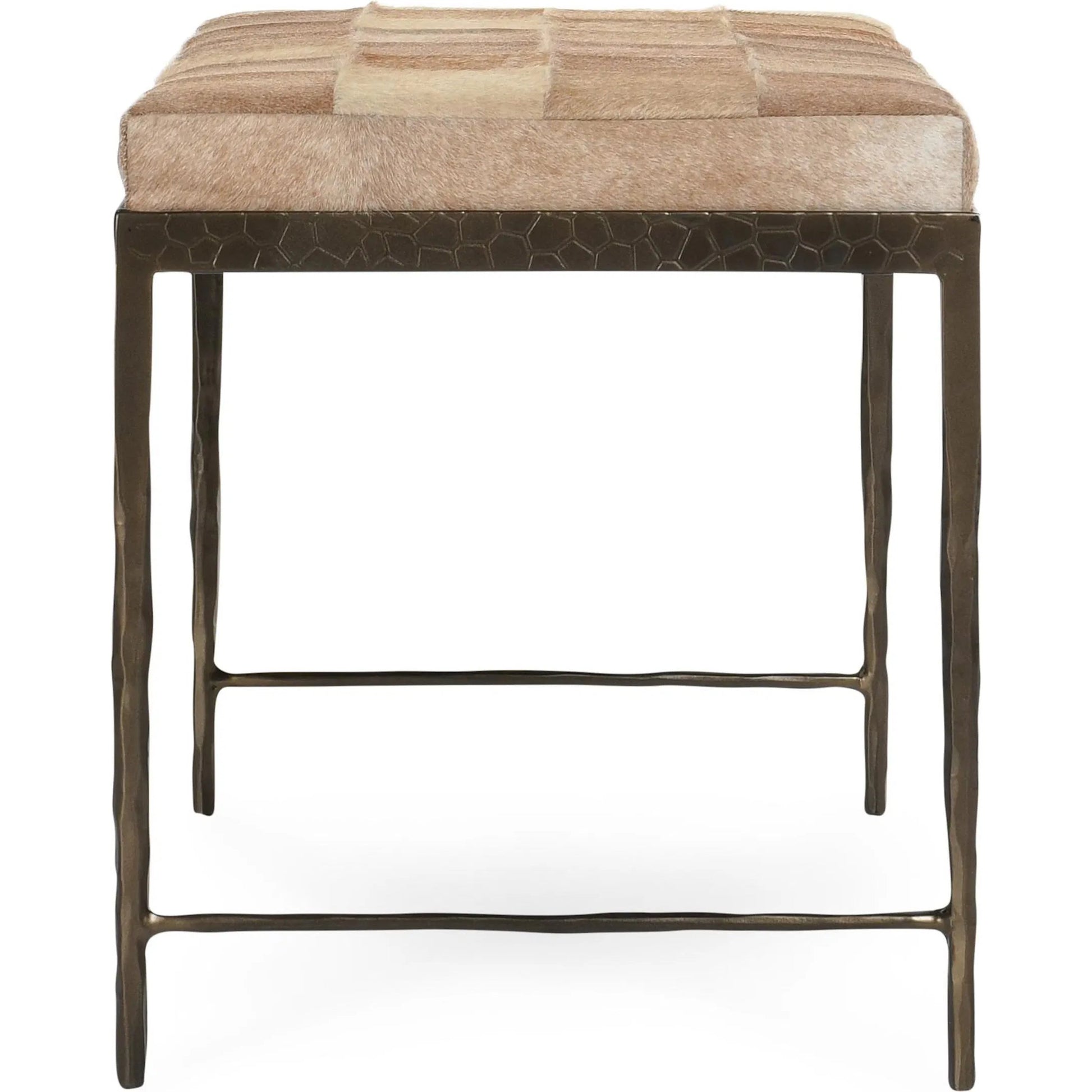 Achen Leather Hide Ottoman Bench by Classic Home. Made from hair on hide, iron in a transitional style.