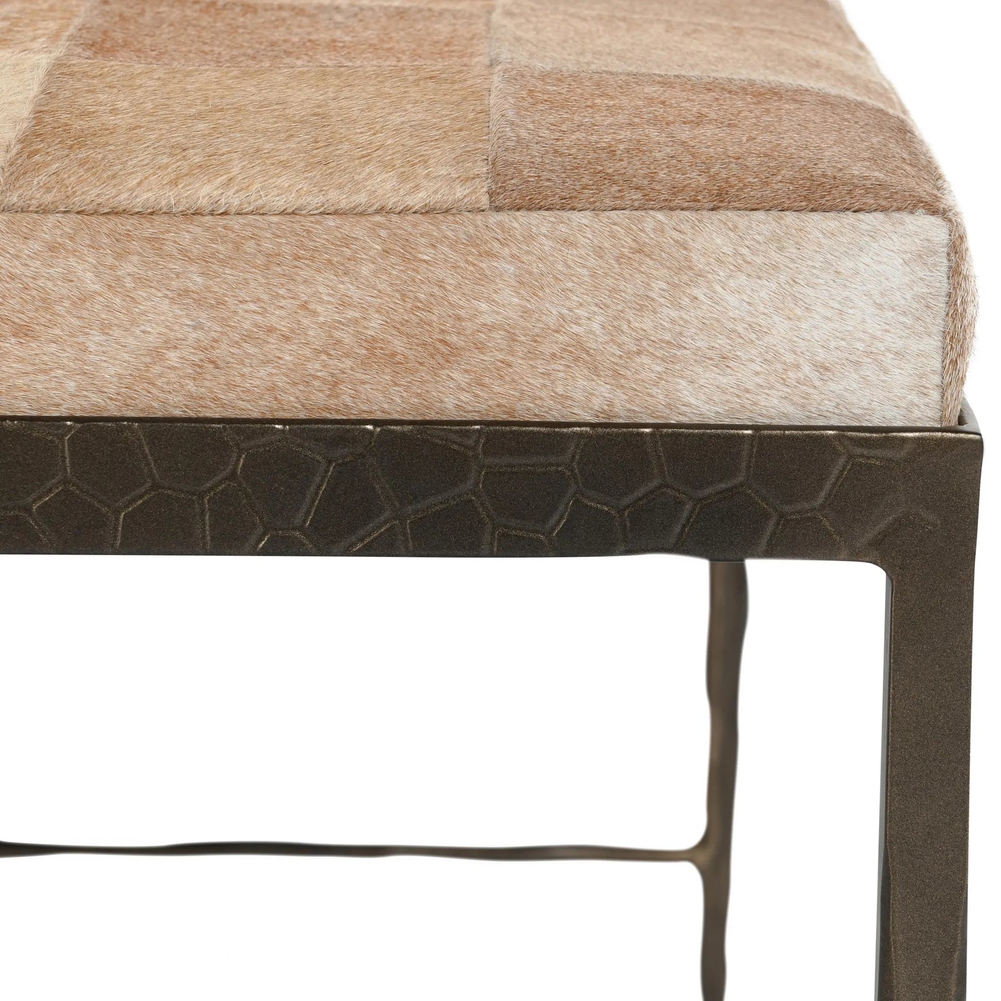 Achen Leather Hide Ottoman Bench by Classic Home. Made from hair on hide, iron in a transitional style.