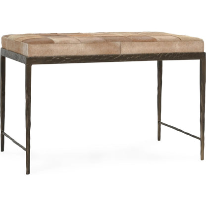 Achen Leather Hide Ottoman Bench by Classic Home. Made from hair on hide, iron in a transitional style.
