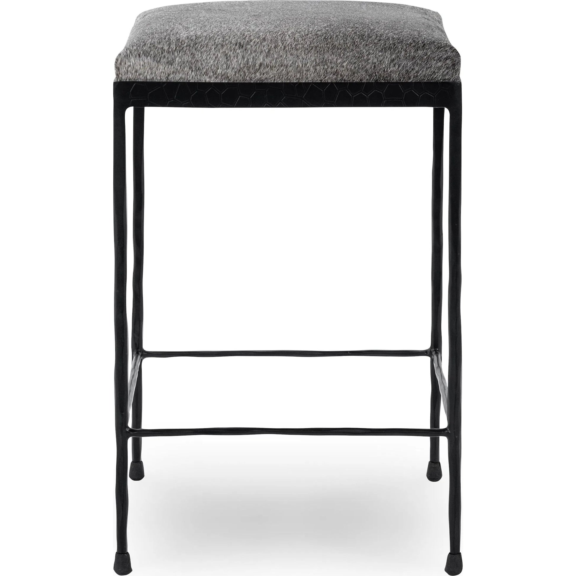 Bose Hide Leather Counter Stool by Classic Home. Made from embossed hammered iron, hair on hide in a modern style.