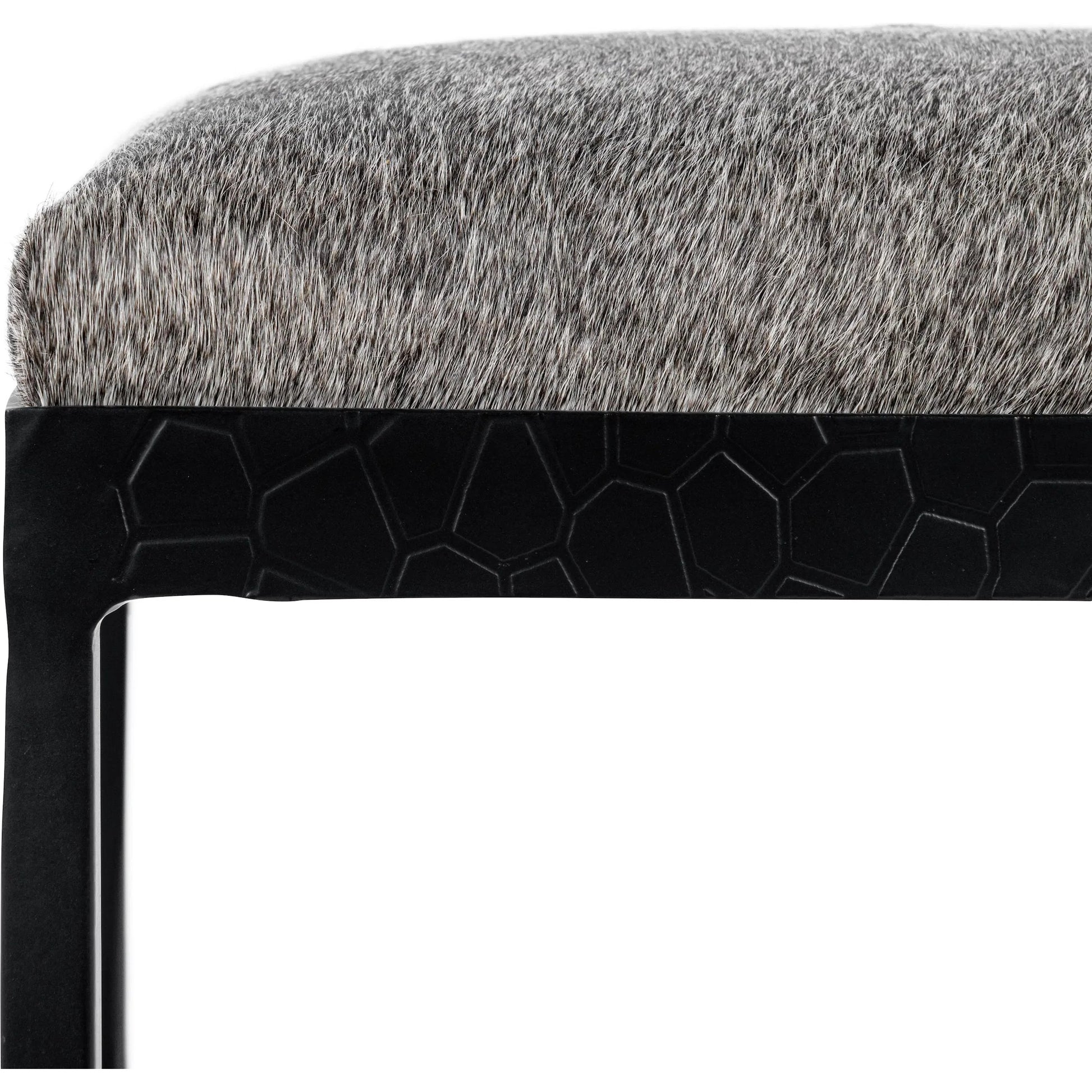 Bose Hide Leather Counter Stool by Classic Home. Made from embossed hammered iron, hair on hide in a modern style.