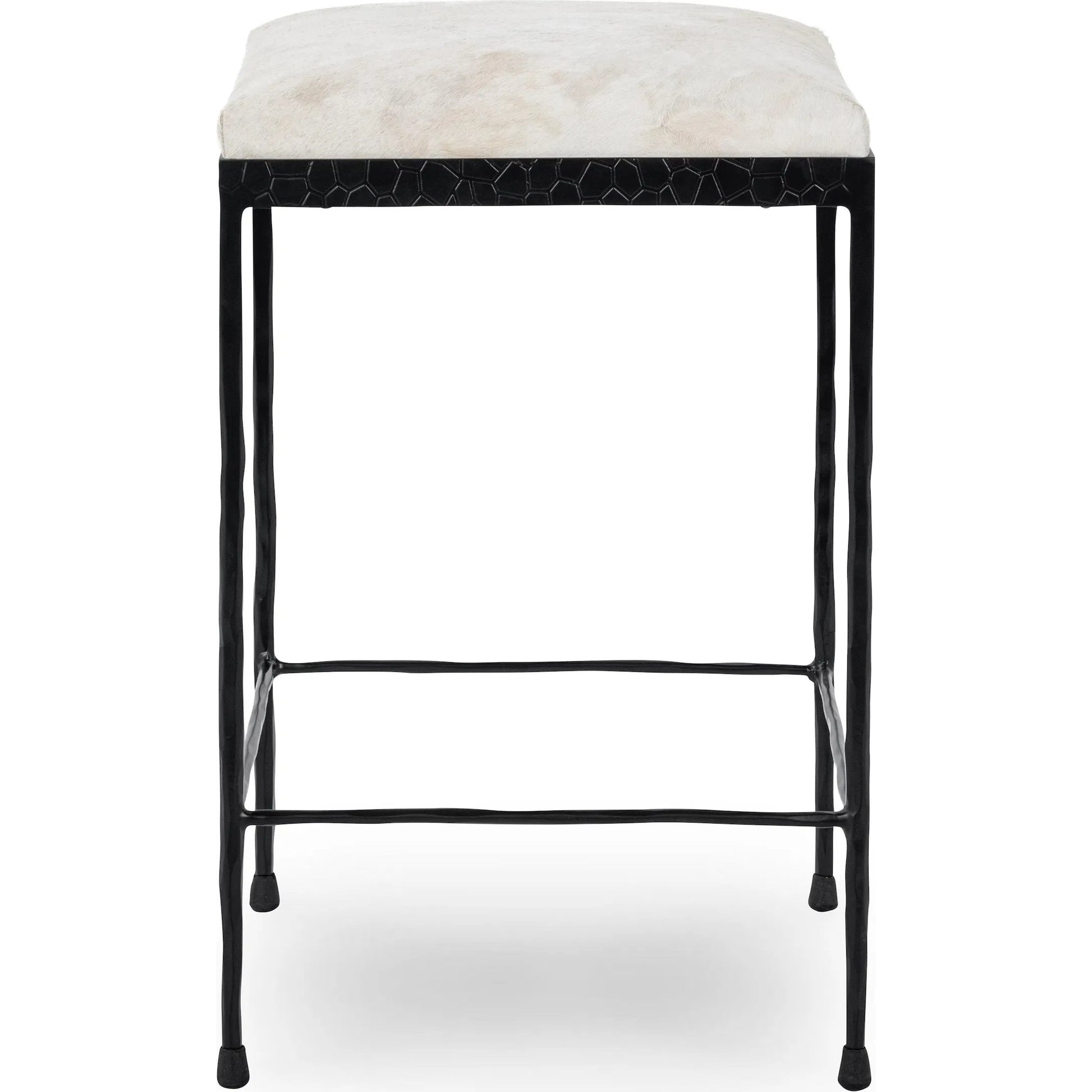 Bose Hide Leather Counter Stool by Classic Home. Made from embossed hammered iron, hair on hide in a modern style.