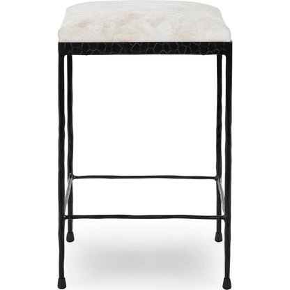 Bose Hide Leather Counter Stool by Classic Home. Made from embossed hammered iron, hair on hide in a modern style.