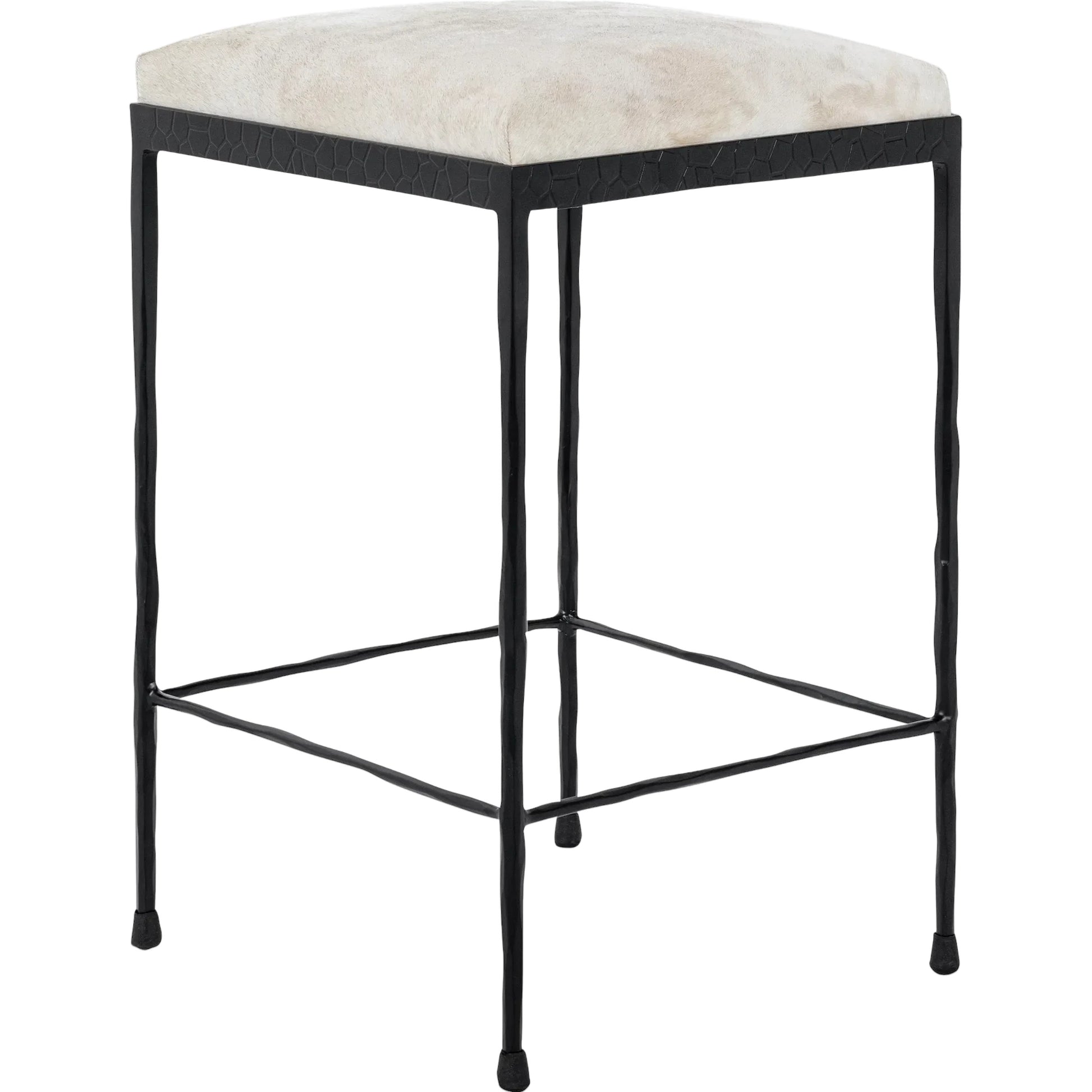 Bose Hide Leather Counter Stool by Classic Home. Made from embossed hammered iron, hair on hide in a modern style.