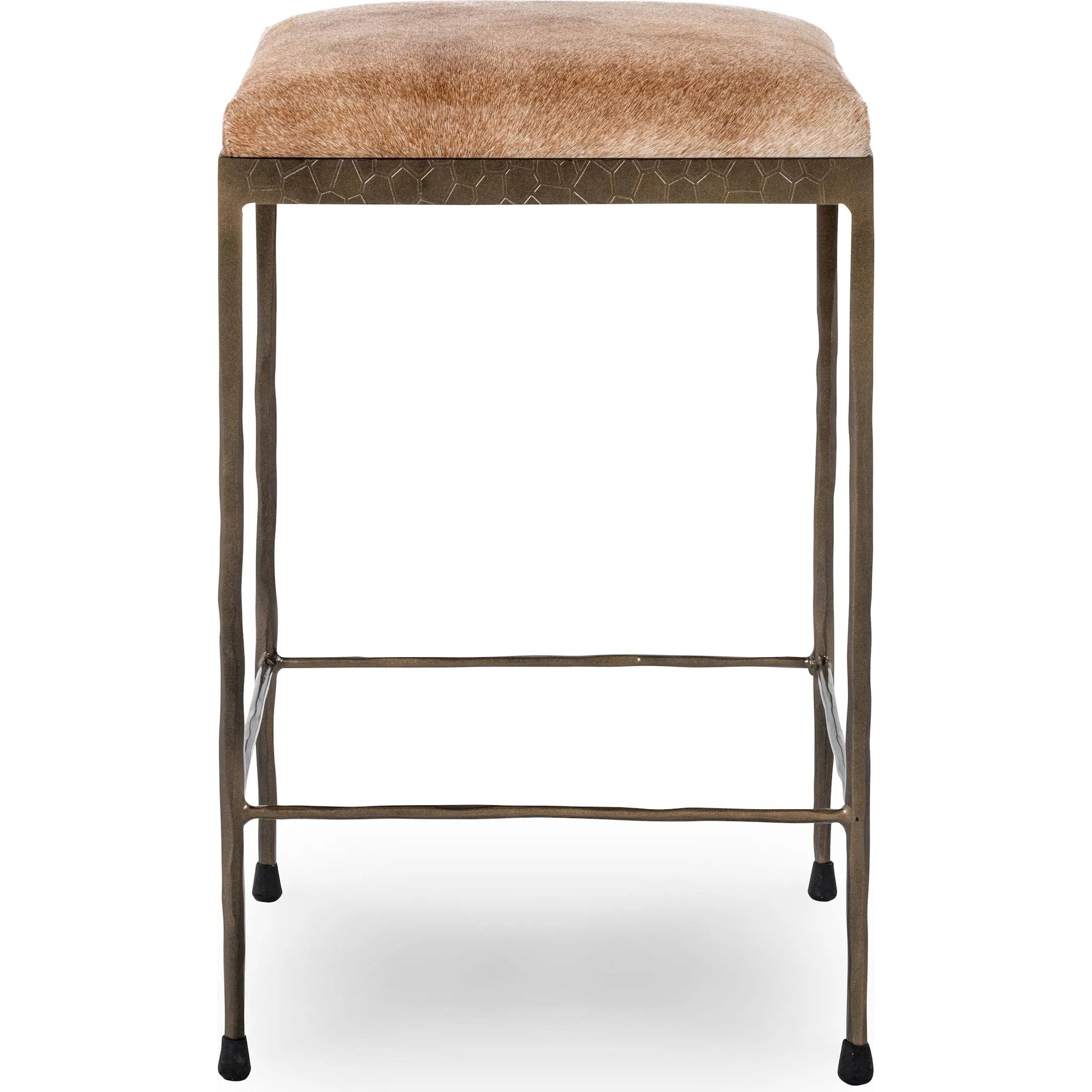 Bose Hide Leather Counter Stool by Classic Home. Made from embossed hammered iron, hair on hide in a modern style.