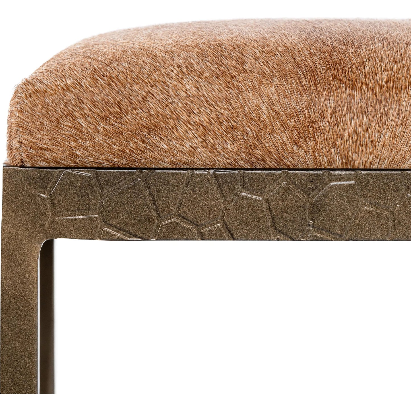 021 SI-2256335 | Closeup | Bose Hide Leather Counter Stool by Classic Home. Made from embossed hammered iron, hair on hide in a modern style.