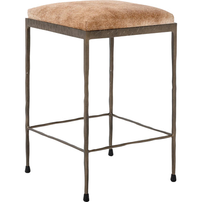 Bose Hide Leather Counter Stool by Classic Home. Made from embossed hammered iron, hair on hide in a modern style.
