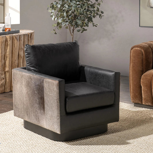 Lathe Leather and Hide Accent Chair by Classic Home. Made from top grain leather, hair on hide, iron in a traditional style.