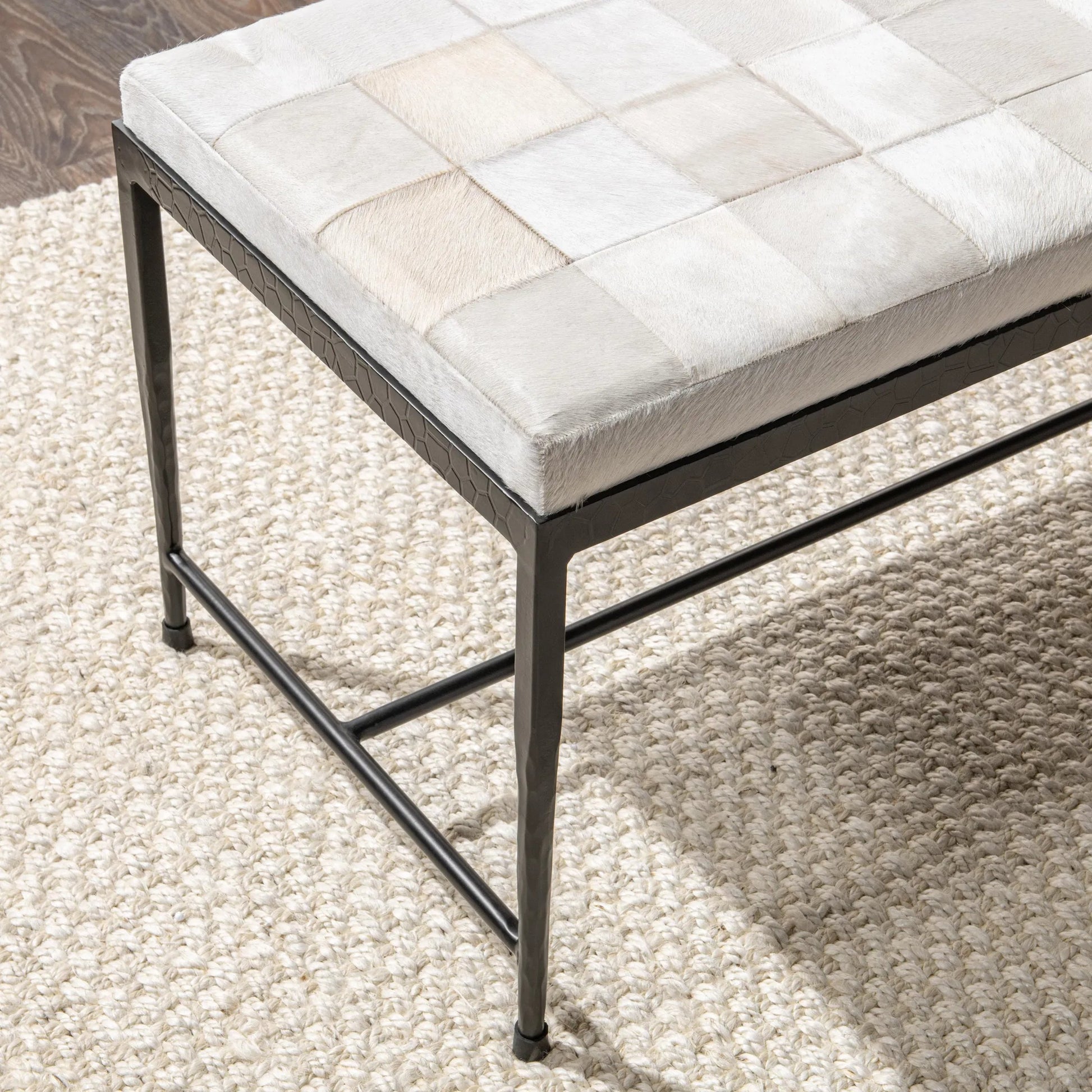 Achen Hair on Hide Bench by Classic Home. Made from hair on hide, iron in a transitional style.