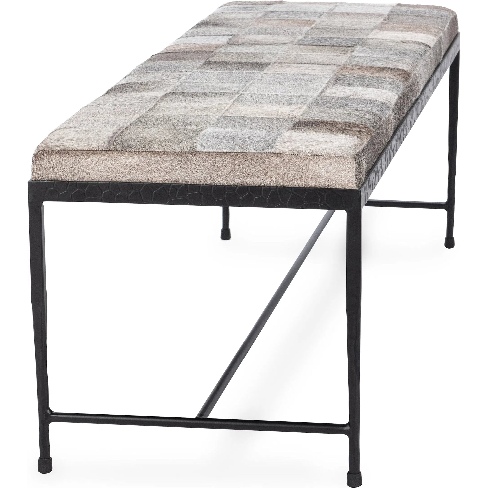 Achen Hair on Hide Bench by Classic Home. Made from hair on hide, iron in a transitional style.