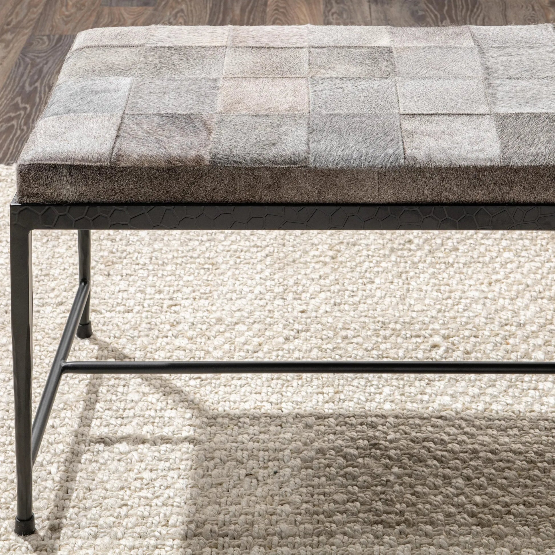 Achen Hair on Hide Bench by Classic Home. Made from hair on hide, iron in a transitional style.