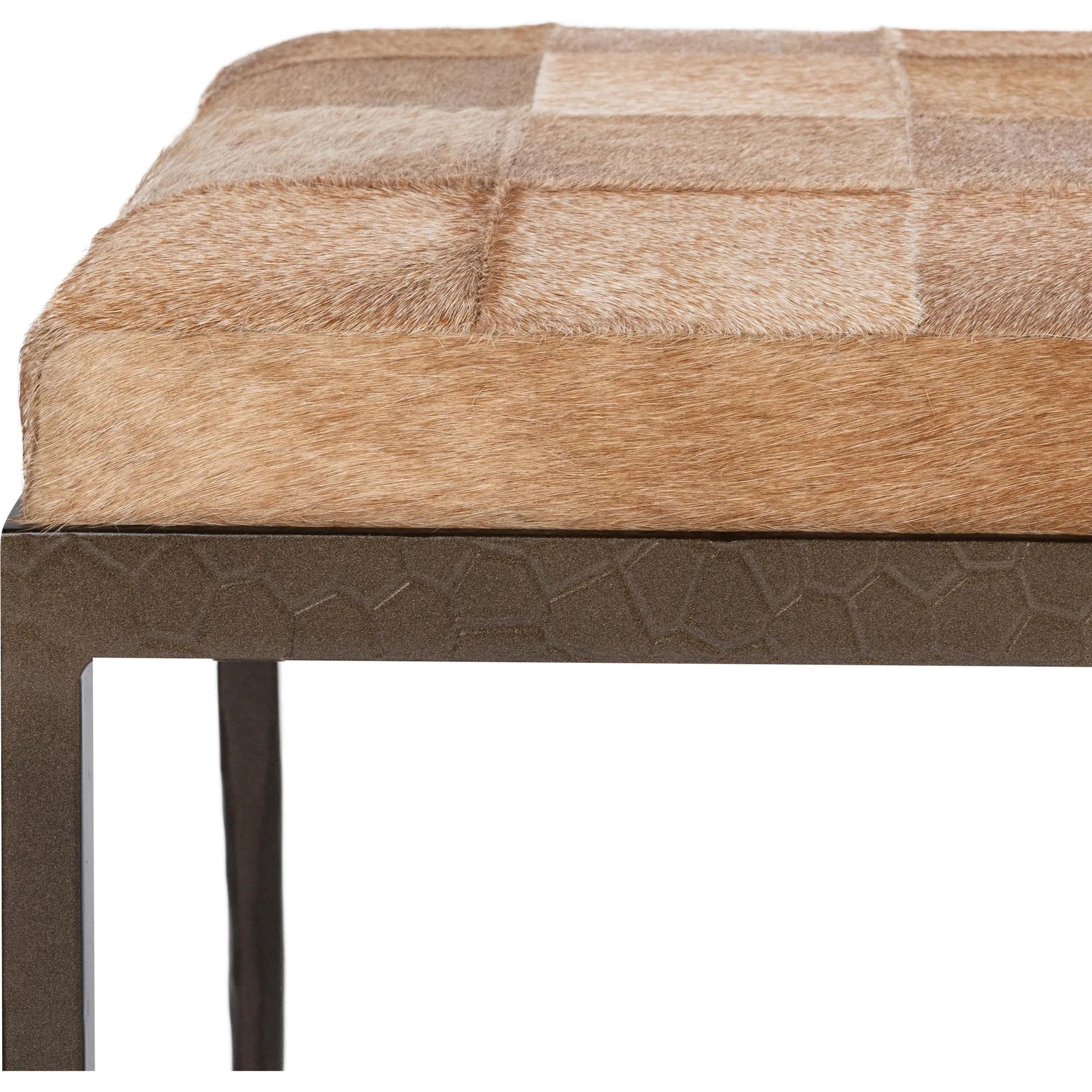 Achen Hair on Hide Bench by Classic Home. Made from hair on hide, iron in a transitional style.