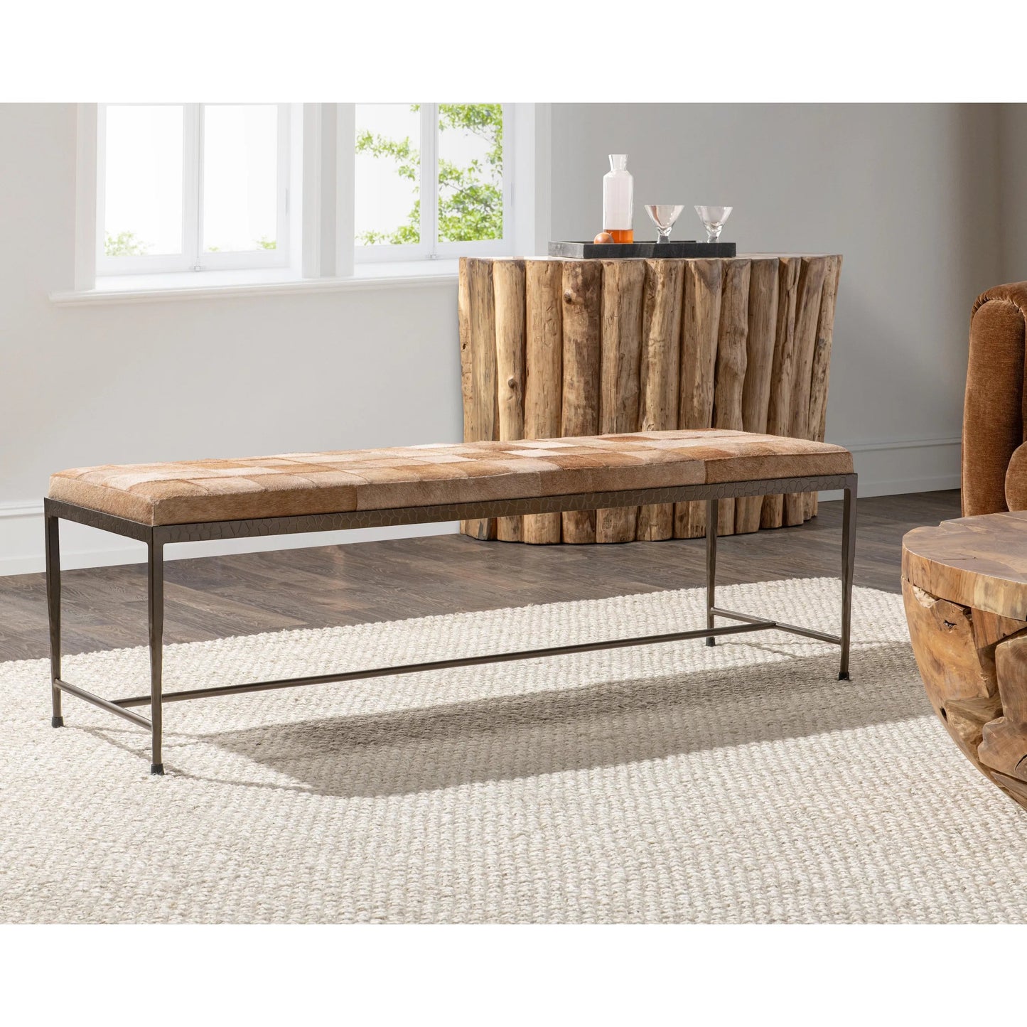 028 SI-2353773 | Lifestyle | Achen Hair on Hide Bench by Classic Home. Made from hair on hide, iron in a transitional style.