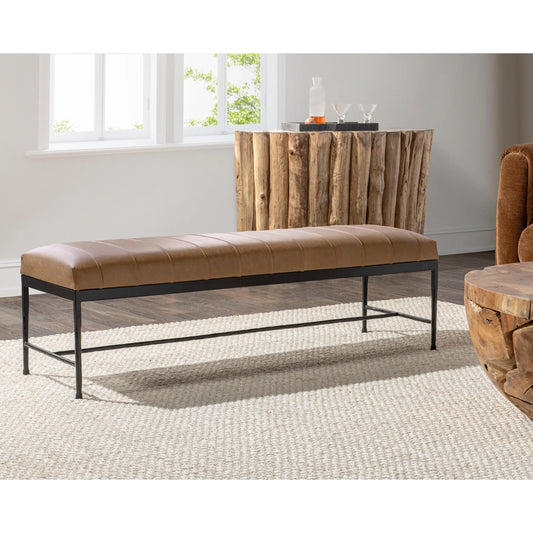 Madeleine Leather Bench by Classic Home in brown. Made from top grain leather, iron in a traditional style.