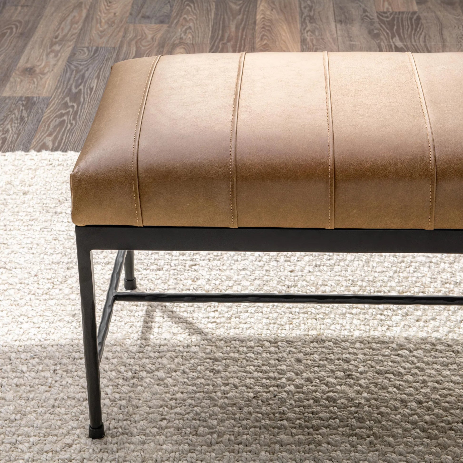 Madeleine Leather Bench by Classic Home in brown. Made from top grain leather, iron in a traditional style.