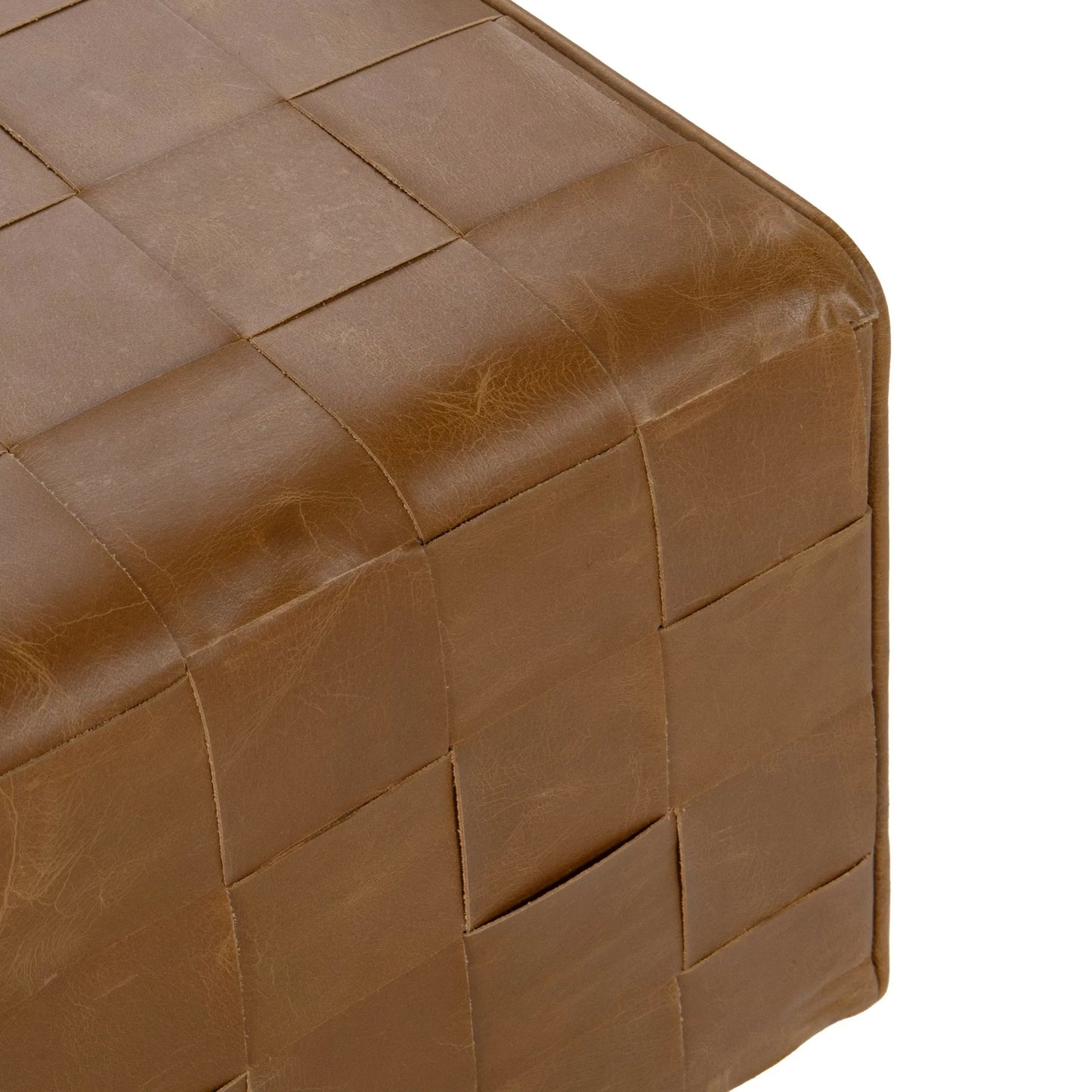 009 SI-2388530 | Closeup | Aristo Leather Square Cocktail Ottoman by Classic Home in autum maple. Made from leather, mango wood, plywood in a rustic style.