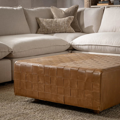 Aristo Leather Square Cocktail Ottoman by Classic Home in autum maple. Made from leather, mango wood, plywood in a rustic style.