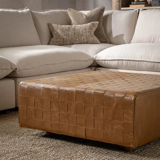 Aristo Leather Square Cocktail Ottoman by Classic Home in autum maple. Made from leather, mango wood, plywood in a unique style.